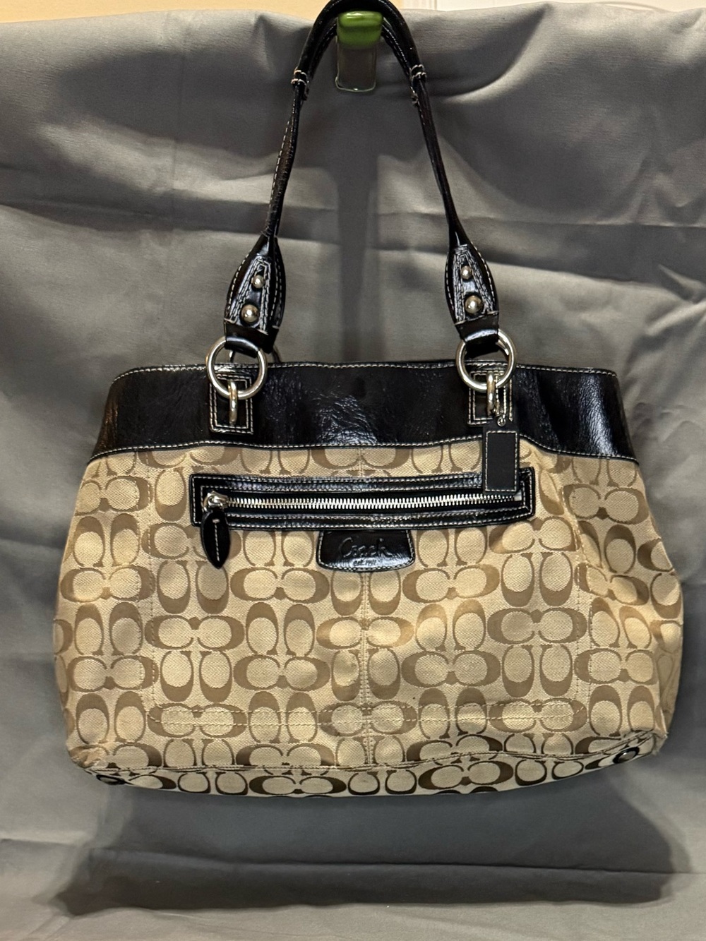Coach Canvas Shoulder Bag in Tan and Black with wallet
